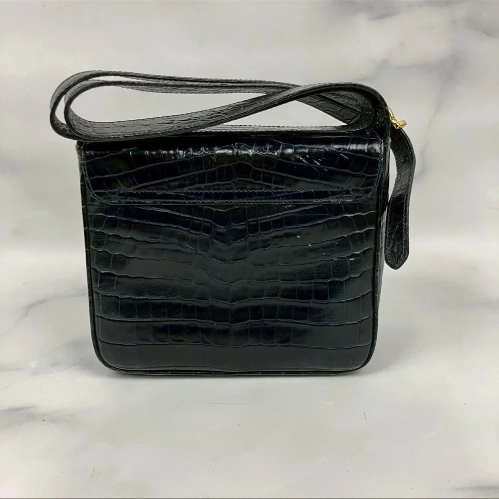 Salvatore Ferragamo Vintage Black Crocodile Embossed Leather Bag Gancini Italy